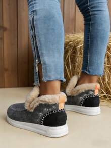 Women's Cozy Thermal-Lined Slip-On Flat Contrast Furry Trim Black Ankle Boots, Winter - Xám - Xem 3