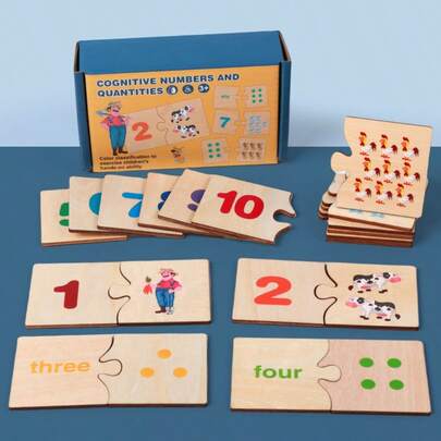 Montessori Wooden Number Puzzle Set, Suitable For 3-6 Years Old Children, Includes English Numeral Animal Matching Board, Can Be Used For Pre-School Math Addition And Subtraction Learning