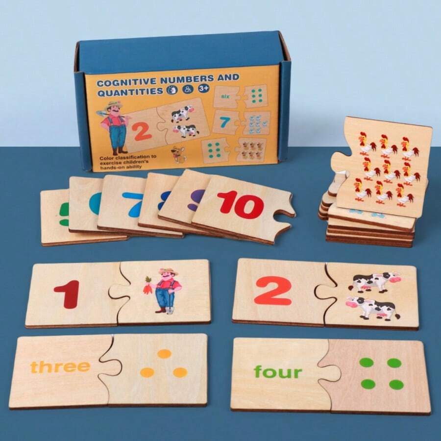 Montessori Wooden Number Puzzle Set Kids 3-6 Years Old English Number Animal Matching Board Preschool Math Addition Subtraction Learning Toy - Multicolor - View 1