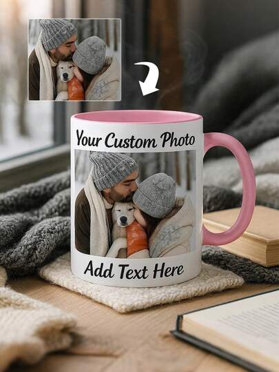 Customized Photo & Text Printed Double-Sided Coffee Mug, Add Your Logo, Photo And Text, Ceramic Cup Personalized Gift Suitable For Christmas, Thanksgiving, Birthday, Holidays