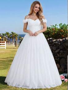 EVERPRETTY Elegant Romantic Floral Off-Shoulder Spaghetti Strap Wedding Dress For Weddings White Dresses Bride Spring Summer White Formal Dresses For Party - White - View 7
