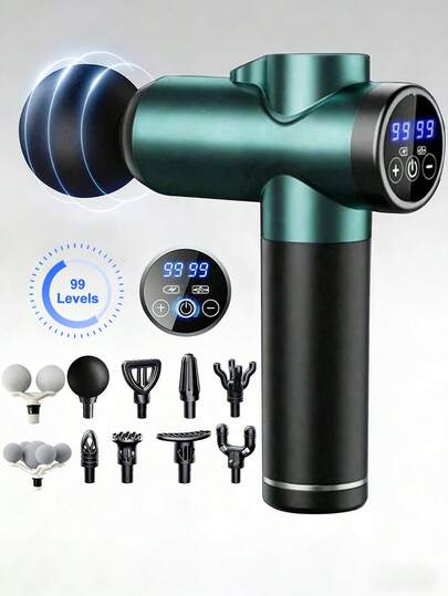 1支装深层组织按摩枪，便携式冲击式肌肉按摩器，强力筋膜按摩枪，旅行按摩器，带LED显示屏和99档速度调节，8个可替换按摩头，超静音强劲按摩器，电池续航时间长，适用于运动员缓解疼痛、健身、居家和健身房恢复，是送给男士、女士和朋友的理想礼物，也是圣诞节、生日、父亲节和母亲节的完美礼物。