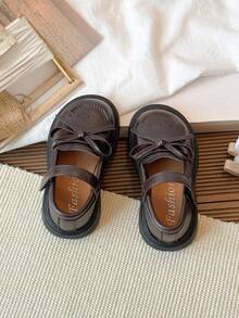 Girls' Flat Shoes With Bow Tie, British Style Leather Shoes - Brown - View 3