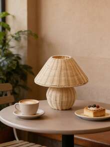 1pc Bohemian Rattan Pleated Table Lamp, Nordic Ins Style Soft Lighting Bedroom Bedside Lamp, Cozy Decor Nightlight For Homestay - Natural Wood Color - View 6