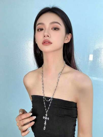 1 pieza Collar de mujer de moda gótica de doble capa de acero inoxidable de alta calidad + cristal de diamante micro con gota de agua, adecuado para ceremonias religiosas, cumpleaños, aniversarios y uso diario