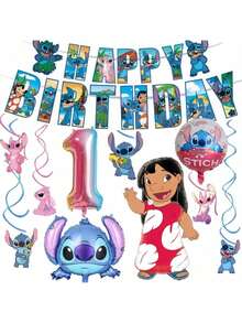 11pcs Lilo & Stitch Themed Birthday Decoration Set For Ages 1-9, Including Stitch-Shaped Balloons And 'HAPPY BIRTHDAY' Letter Banner, Perfect For Birthday Parties - Multicolor - View 3
