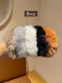 5pcs Women's Fluffy Plush Hair Scrunchies, Fashionable & Minimalist, Suitable For Casual, Travel, Party Wear, Recommended As Gift Hair Accessories ,Ponytail Holders ,Hair Elastics ,Hair Rubber Bands ,Hair Rope ,Elastic Hair Tie - Multicolor - View 4