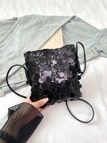 1pc Quilted Open-Close PVC Sequin Small Square Bag, Fashion Shiny Sequin Coin Purse Phone Bag, Women's Party Event Bag, New Stylish Chain Crossbody Bag, Shiny Glitter Chic Shoulder Bag, Suitable For Women To Attend Banquets And Parties - Black - View 10
