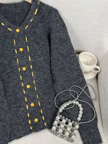 可爱柔软圆领针织开衫，2025春季新款休闲宽松毛衣 - 深灰色 - 查看 3