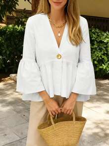 Spring/Summer New Women's Casual V-Neck Pullover Top, Travel & Outing Blouse, White Button-Down Shirt, Loose Fit Casual Women's Shirt - White - View 7