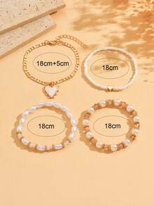 4件套时尚手工串珠手链套装，珍珠设计，心形吊坠，多层波西米亚风首饰，适合女性日常佩戴 - 白色 - 查看 4