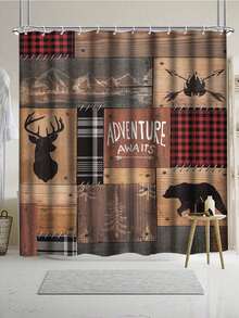 1/4 Pcs Bear Cabin Shower Curtain Set, Waterproof Shower Curtain With 12 Plastic Hooks, Non-Slip Rug And Toilet Lid Cover, Vintage Farmhouse Style Bathroom Divider, Bathroom Accessories, Home Decor - Multicolor - View 4