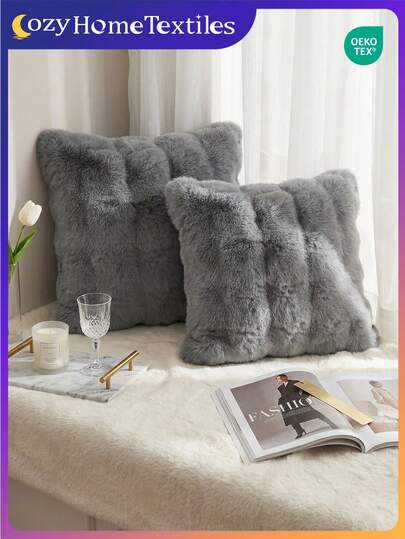 1/2/4pcs Luxury Faux Fur Tuscany Style Throw Pillow Covers, Without Pillow Insert, Soft & Comfortable, Fluffy, Suitable For Living Room Sofa, Bedroom Headboard, Home Decor, Grey Plush Pillow Covers, Extra Large Size 45x45 Inches, Zipper Closure, Machine Washable, Oeko-Tex Certified