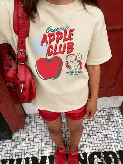 1pc Girls Casual Round Neck Short Sleeve T-Shirt With Colorful English Letter Print, Summer Student Young Clothing - The T-Shirt With Colorful English Letter Print Brings Joy And Happiness To Every Child! APPLE CLUB