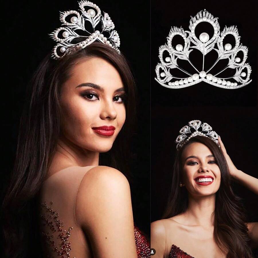 1件优雅合金孔雀羽毛皇冠，奢华大型仿珍珠选美头饰，巴洛克复古水晶新娘婚礼皇冠，适合节日派对、选美比赛、舞台表演 - 銀色 - 查看 1