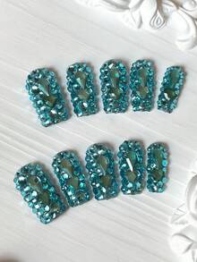 Y2K Square Nails Handmade Press-On Nails With Transparent Tips,Mint Blue Rhinestones & Sparkling Full-Coverage 3D Designs - Full Cover DIY Glitter Artificial Nails, False Nails For Parties, Outdoor, Beach, Daily, Holidays, Gatherings, Work & Special Events - 10 Pieces/Bag - Mint Blue - View 5