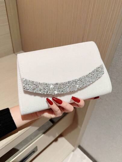 1pc Classic Pleated Design Satin Formal Evening Dress Clutch Bag, Suitable For Formal Party, Banquet, Wedding, Romantic Bridal, Sparkling Rhinestone Decor, Chain Strap