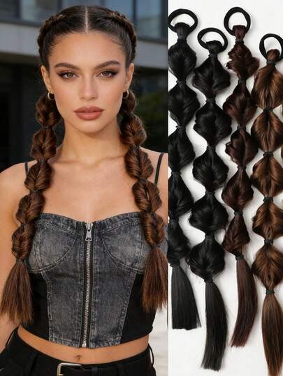Bubble Ponytail Wig Synthetic Braided Extensions With Hair Ties Hair Band Hairpieces For Women Girls DIY Daily Wear Accessories (Black Brown)