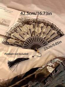 1pc Rose Pattern Lace Folding Fan, Vintage Black Lace Folding Fan With Tassel, Suitable For Retro Wedding, Festival And Party Decor, Home Cooling, Travel Accessories, Dance Decor, Vintage Home Decor - Multicolor - View 7