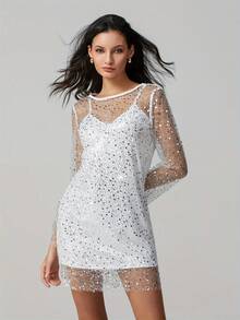 Women's Glitter Mini Dress Long Sleeve Round Neck Sheer Sequin Dress Two Piece Outfit - 白色 - 查看 4