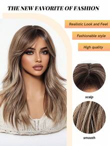 Tóc giả xoăn gợn sóng thanh lịch dành cho nữ, 100% sợi Tang dài, độ dài trung bình có mái, mô phỏng da đầu, mật độ 150%, lưới hoa hồng mềm mại, chịu nhiệt, nhiều kiểu tạo kiểu. - Màu dương cầm - Xem 8