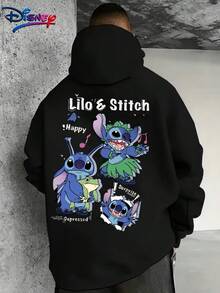 This Valentine's Day Men's Casual Street Hip-Hop Style Hooded Sweatshirt Is Produced Under License From . It Features A Romantic Cartoon Stitch Pattern Printed On It. The Front Is Designed With A Pocket. This Stylish Men's Hooded Top Is Suitable For Wearing In Autumn And Winter Seasons, And Can Also Be Given As A Gift To Friends. - Boys - Black - View 3