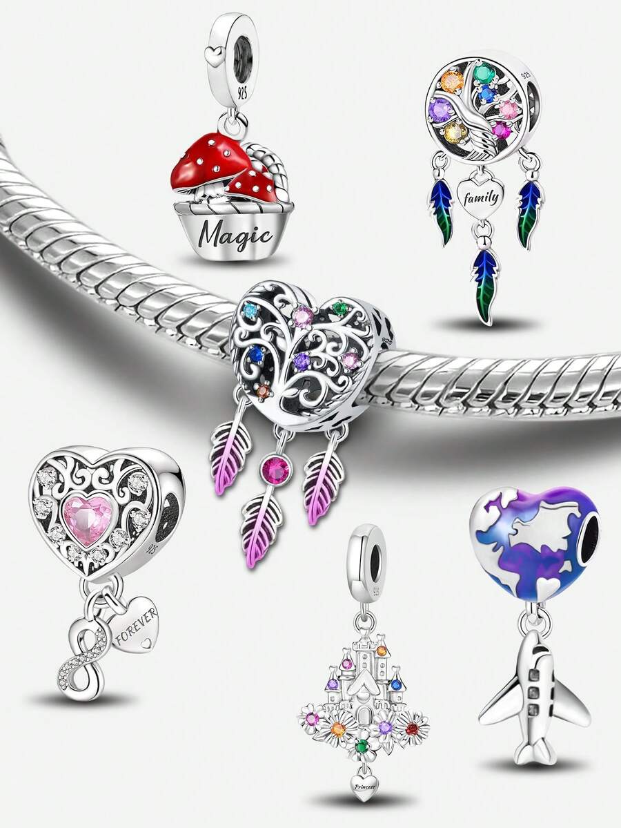 1pc 925 Sterling Silver Colorful Heart Shaped Pendant, Suitable For Women Bracelet, Bangle DIY Jewelry Making And Daily Outfit Matching, An Ideal Accessory For Girls