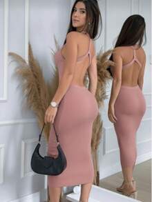 Midi Knit Dress With Crossover Back, Modal Fabric, For Christmas And New Year's. - 乾枯玫瑰色 - 查看 4