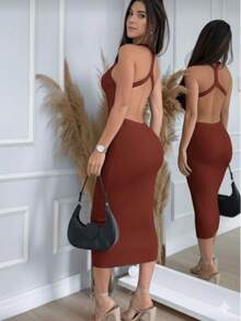 CROSS BACK MIDI DRESS IN MODAL KNIT - Terracota - Ver 1