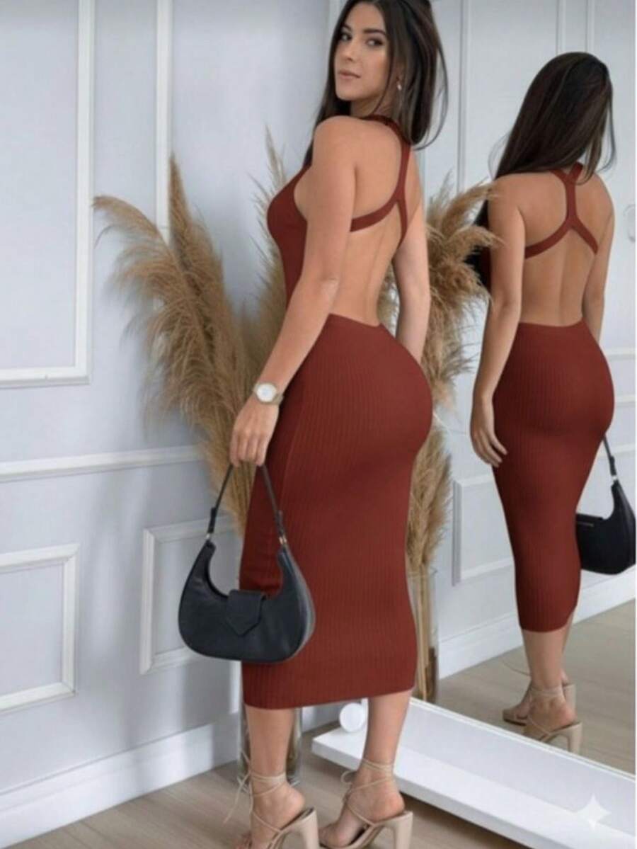 CROSS BACK MIDI DRESS IN MODAL KNIT - Terracota - Ver 1