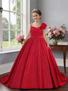 Abito elegante da sera per ragazze pre-adolescenti, in raso tinta unita con decorazione floreale, corto davanti e lungo dietro con strascico, adatto per matrimoni, lauree, feste da ballo, non include fascia per capelli - Bordò - Visualizzare 5