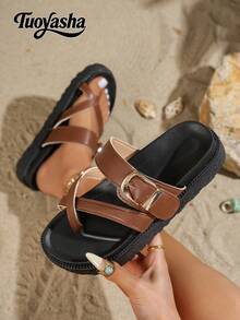 New Fashion Metal Buckle Decor Slip-On Wedge Heel Sandals, Comfortable Non-Slip, Versatile & Easy To Clean, Suitable For Beach & Daily Wear - Brown - View 2