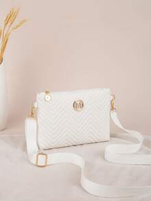 Fashionable Black Quilted Women's Crossbody Bag With Adjustable Gold-Tone M Logo Strap, Casual Daily Shoulder Bag, Lightweight Zipper Clutch - White - View 3