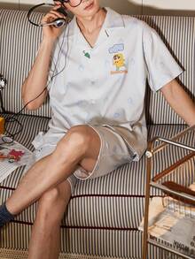 Gongdie CRAYON SHINCHAN 2pcs Crayon Shin-Chan Men's Pajama Set, Short Sleeve Sleepwear, Soft & Breathable - Blue and White - View 4