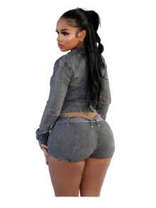 Women's Two-Piece Set, Fashionable And Elegant Temperament, Sexy Spice Girl Style, Long-Sleeved Crew Neck Zipper Denim Top, Elastic Shorts, Denim Suit. - 深灰色 - 查看 6