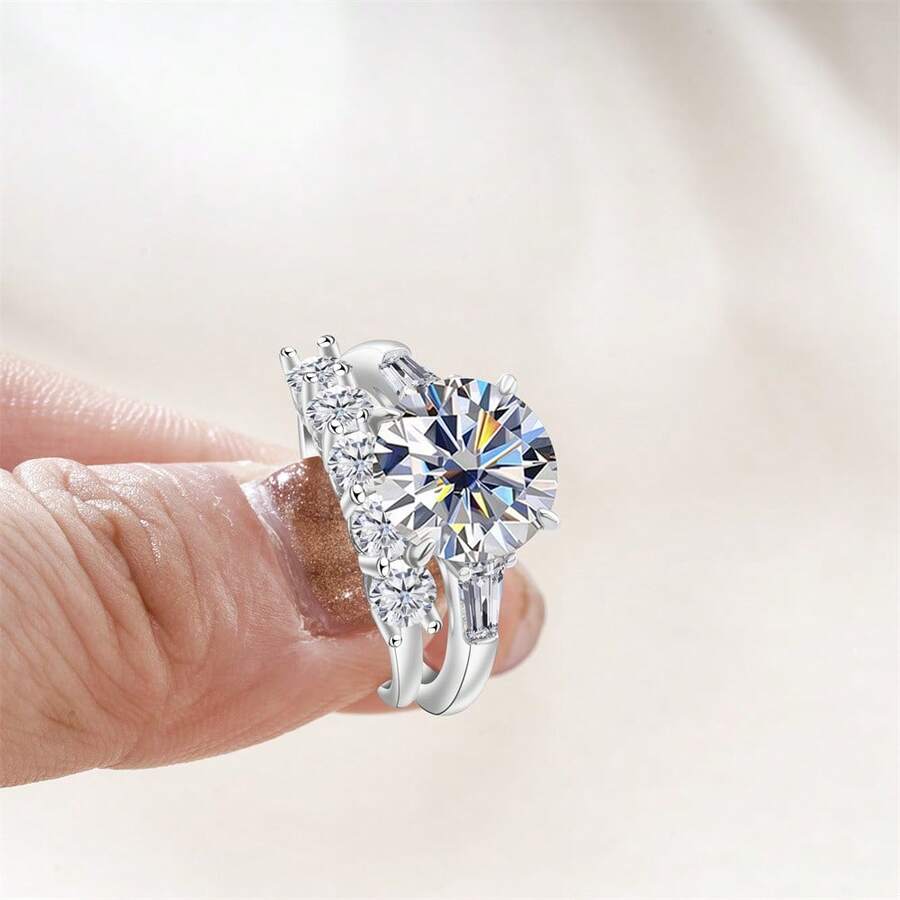 6.5 Carat S925 Silver Moissanite Ring Set, Fashionable & Luxurious Women's Bridal Engagement Jewelry Suitable For Daily, Date, Party, Gathering