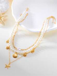 女士三件套珍珠、海星和贝壳叠层项链，优雅精致，适合休闲佩戴和夏季海滩装扮