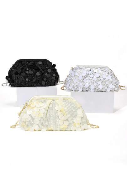 New Elegant Fashion Mini Solid Color Plaid Sequin Cloud Dumpling Clutch Bag, Graceful Ruffle Metallic Chain Shoulder Crossbody Handbag Suitable For Bride, Wedding, Party, Celebration, Prom