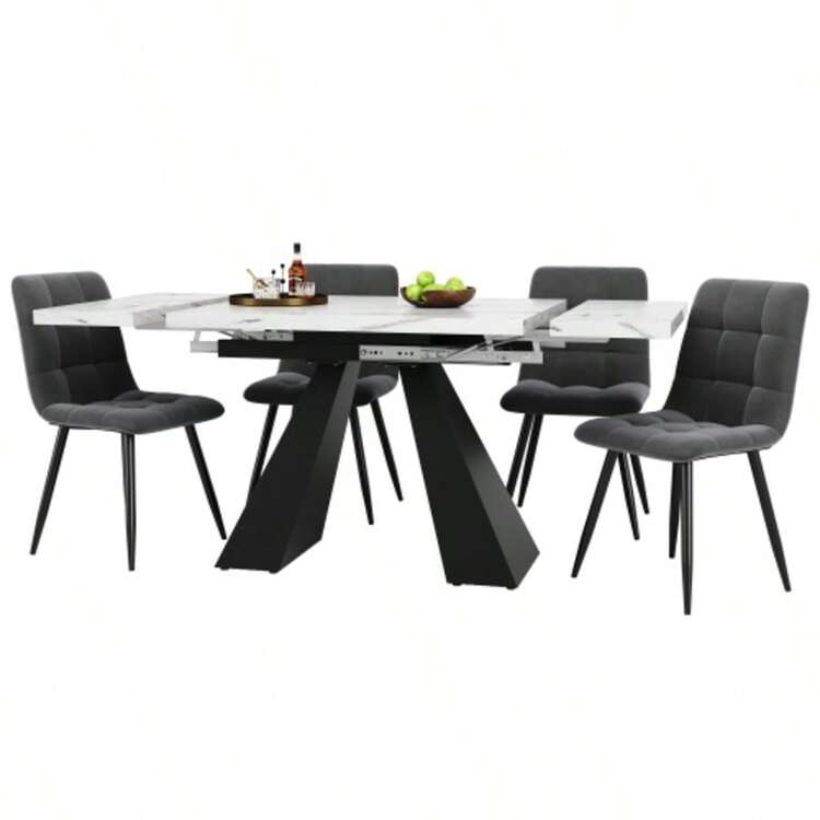 Five-Piece Dining Set With Extendable Marble Top (Seats 4), Four Grey Velvet Chairs, Black Tabletop Shelf - Grey - View 7