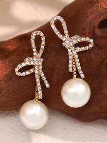 1pc Stainless Steel 18K Plated Pearl Bow Earrings, Minimalist & Versatile For Women, Suitable For Party, Date, Office Wear - Multicolor - View 6