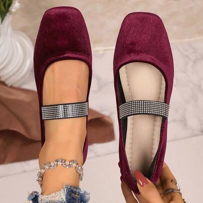 Zapatos planos para mujer con tira y decoración de rhinestones en la punta cuadrada, de estilo minimalista para ir al trabajo, de material de ante, versátiles para el trabajo y el uso casual