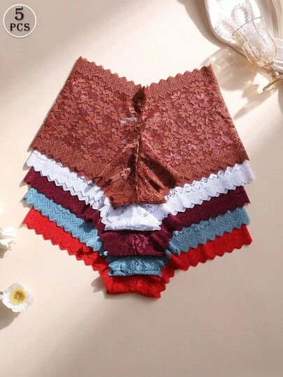 5 PCS Women's Sexy Lace Splicing Boxer Shorts Mid Waist Seamless Panties Comfortable Briefs Tummy Control &Butt Lifter Stretch Underwear Daily Wear & Sports Yoga Lingerie