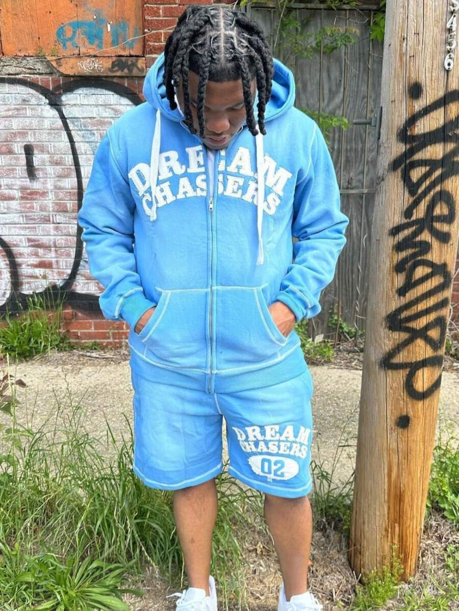 Men 2 Piece Set,Men's Solid Color Hooded Sweatshirt 3D Print Cardigan Sweatshirt Shorts Set - XHfq6ZEQ8-藍 - 查看 1