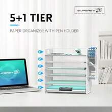 6 Tier Paper Organizer With 4 Pen Holders Mesh Letter Tray With Handle Paper Tray Organizer For A4 Files White - 6 Tier White - View 3