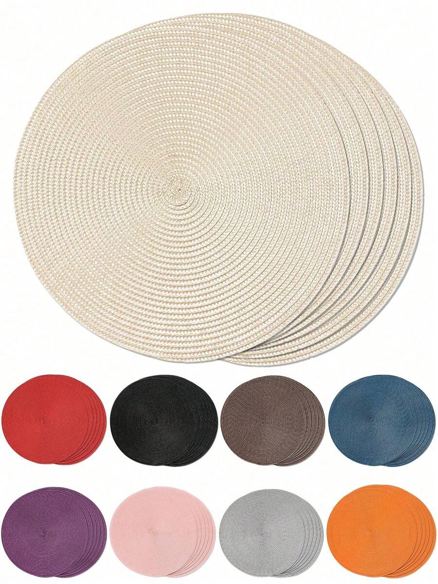 2片/4片装15英寸圆形编织PP餐垫，纯色手工编织隔热桌垫，多种颜色可选，可水洗防滑耐热桌垫杯垫，适用于家庭餐桌装饰、节日派对、餐厅、厨房、农舍风格、圣诞节和新年派对 - 彩色 - 查看 1