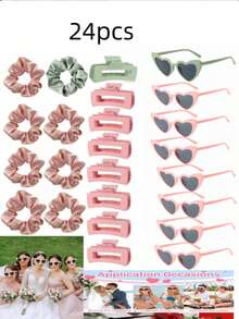 6/8/24pcs Satin Bridesmaid Curler Headbands 8pcs Set, 8pcs Glasses, 8pcs Hair Clips, Bride Gift Damage-Free Headbands Creative Wedding Party Favors Bridesmaids Proposal Gifts, Ramadan, Easter Party Photo Props (6/8pcs Set Including 6/8pcs Glasses, 6/8pcs Headbands) - Pink - View 1