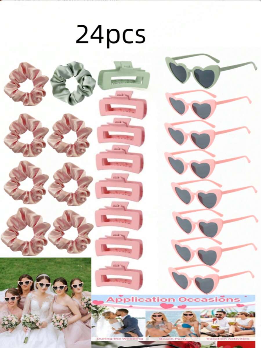 6/8/24pcs Satin Bridesmaid Curler Headbands 8pcs Set, 8pcs Glasses, 8pcs Hair Clips, Bride Gift Damage-Free Headbands Creative Wedding Party Favors Bridesmaids Proposal Gifts, Ramadan, Easter Party Photo Props (6/8pcs Set Including 6/8pcs Glasses, 6/8pcs Headbands) - Pink - View 1