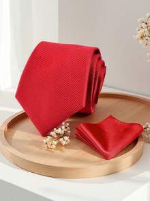 1 set herrslips med marinblå textur och näsduk, 8,5 cm, slipsset för bröllopsfest och brudgum - Röd - Visa 2