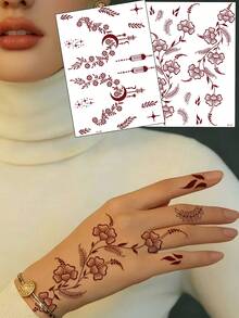 2 Sheets Of Wine-Red Moon Leaf/Flower Pattern, Waterproof And Sweat-Resistant Temporary One-Time Tattoo Stickers, Suitable For Women, Sensual Body Painting, Maneki-Neko Design, Ideal For Party And Festival Decorations. - Burgundy - View 1