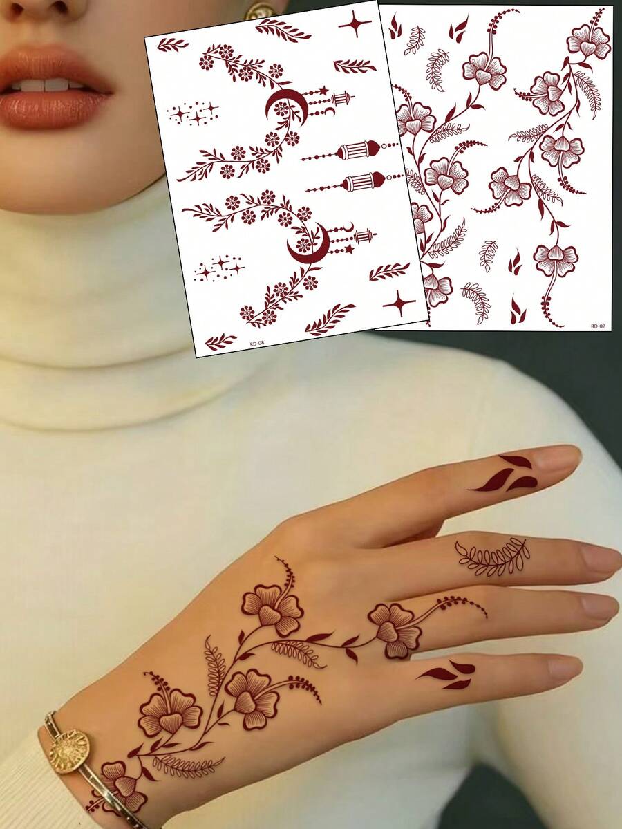 2 Sheets Of Wine-Red Moon Leaf/Flower Pattern, Waterproof And Sweat-Resistant Temporary One-Time Tattoo Stickers, Suitable For Women, Sensual Body Painting, Maneki-Neko Design, Ideal For Party And Festival Decorations. - Burgundy - View 1